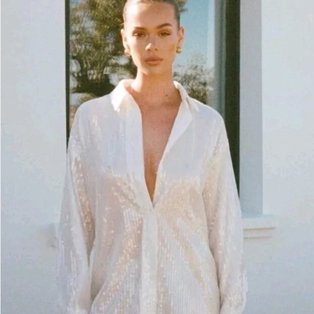 Chic White Sequin Button Down Shirt - image 1